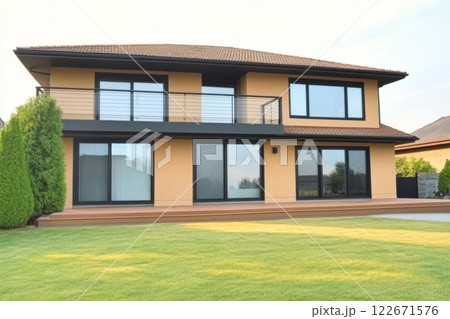 Modern two-story house with large windows and expansive lawn in a serene neighborhood 122671576