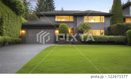 Modern house with well-manicured lawn and landscaping during twilight 122671577