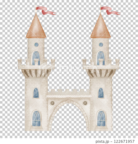 Watercolor fairytale Castle with Towers, stone walls, and flags. Illustration in pastel colors of magical fortress for childish greeting cards or nursery posters. Drawing of fantasy building for kids. Watercolor fairytale Castle with Towers, stone walls, and flags. Illustration in pastel colors of magical fortress for childish greeting cards or nursery posters. Drawing of fantasy building for kids. 122671957