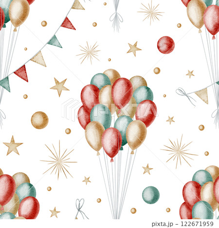 Seamless watercolor Pattern with festive Balloons, stars and ribbons in red, green, and gold colors. illustration of background for childish birthday design or party wrapping paper design. Seamless watercolor Pattern with festive Balloons, stars and ribbons in red, green, and gold colors. illustration of background for childish birthday design or party wrapping paper design. 122671959