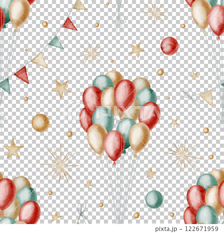 Seamless watercolor Pattern with festive Balloons, stars and ribbons in red, green, and gold colors. illustration of background for childish birthday design or party wrapping paper design. Seamless watercolor Pattern with festive Balloons, stars and ribbons in red, green, and gold colors. illustration of background for childish birthday design or party wrapping paper design. 122671959