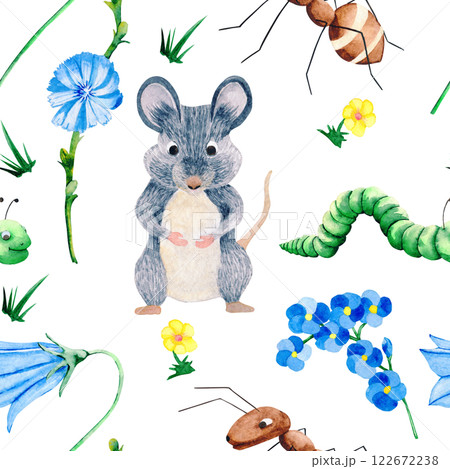 Seamless pattern of mouse, caterpillar and ant character. Plants and flowers pattern. Hand drawn watercolor illustration of animals and insects for your design. 122672238
