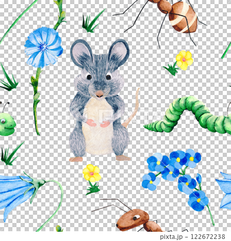 Seamless pattern of mouse, caterpillar and ant character. Plants and flowers pattern. Hand drawn watercolor illustration of animals and insects for your design. 122672238