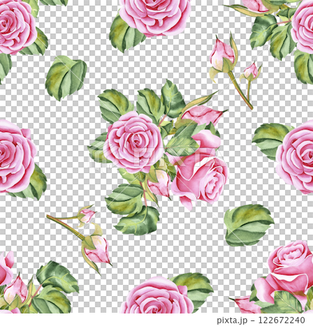 Watercolor roses. Seamless pattern of rose flowers, stems, leaves and buds. The drawing is made in watercolor technique by hand on an isolated background. Illustration for your design. Watercolor roses. Seamless pattern of rose flowers, stems, leaves and buds. The drawing is made in watercolor technique by hand on an isolated background. Illustration for your design. 122672240
