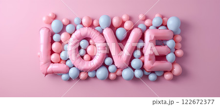 Elegant pastel-colored balloon arrangement spelling 'love' on pink background Elegant pastel-colored balloon arrangement spelling 'love' on pink background 122672377