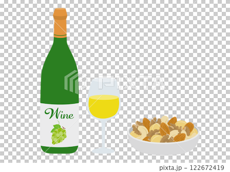 An illustration of a glass of white wine and nuts in a bowl An illustration of a glass of white wine and nuts in a bowl 122672419