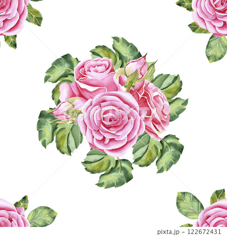 Watercolor seamless pattern of botanical bouquet. Flowers, leaves and bud on isolated background. Garden pink rose. Realistic illustration. Hand drawn in botanical style. Image for your design. 122672431