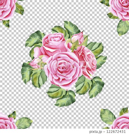 Watercolor seamless pattern of botanical bouquet. Flowers, leaves and bud on isolated background. Garden pink rose. Realistic illustration. Hand drawn in botanical style. Image for your design. 122672431