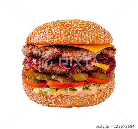 Delicious sesame seed burger with double patties, cheddar cheese, and fresh toppings on a white background 122672684