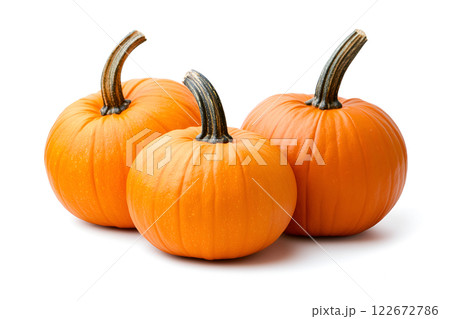 Three autumnal huge pumpkins isolated on white background 122672786