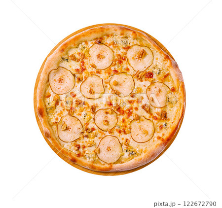 Unique pizza topped with slices of pear, cheese, and nuts served on a white background 122672790