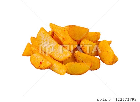 Crispy seasoned potato wedges arranged on a clean surface ready for serving 122672795