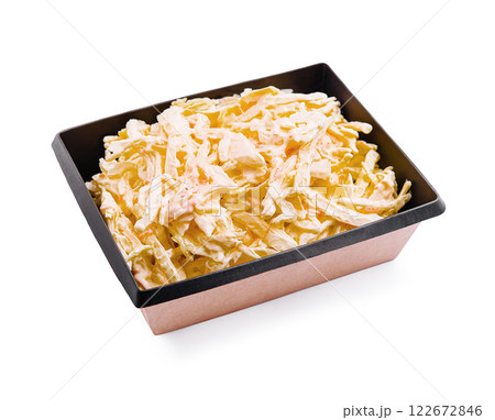 Deliciously shredded cabbage salad prepared in a black serving container ready for a meal or side dish 122672846