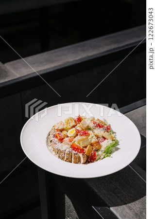 Savoring a colorful salad topped with croutons and cheese on a stylish plate in a modern dining setting 122673043