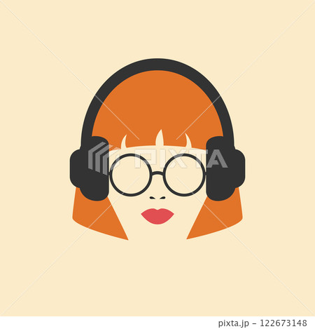 Abstract minimalist portrait of a female face in headphones and eyeglasses. Woman in headphones icon. Vector illustration 122673148