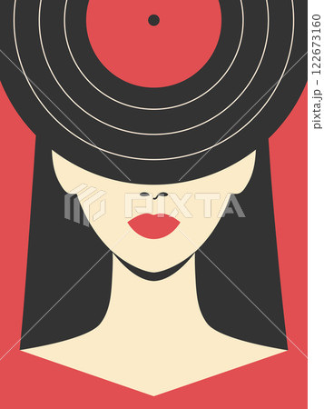 Abstract minimalist poster with woman face in vinyl record hat covering her eyes. Music festival poster template in retro style. Vector illustration 122673160