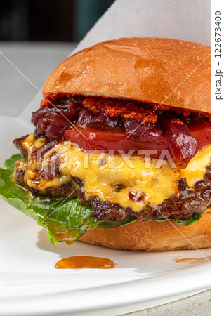 Appetizing american grilled bacon cheeseburger 122673400
