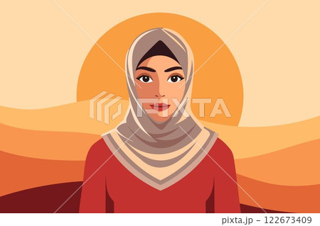Young muslim woman in hijab at sunset in the desert. Flat style illustration. 122673409