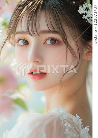 花を背景に振り向く若い女性のポートレート。美容広告のデザインに最適な素材 122673437