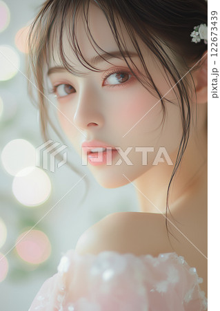 振り向く若い女性のポートレート。美容、化粧品の広告デザインに最適な素材 122673439