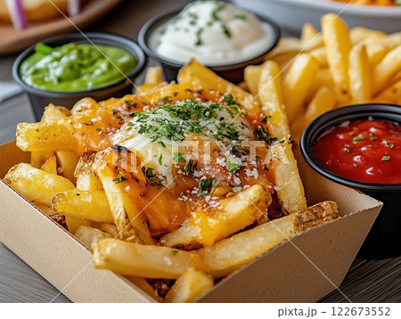 Golden Fries Smothered in Melted Cheese 122673552