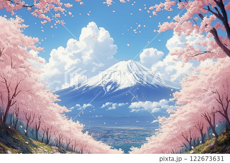 満開の桜並木と雪が積った富士山。日本の春の風景 満開の桜並木と雪が積った富士山。日本の春の風景 122673631