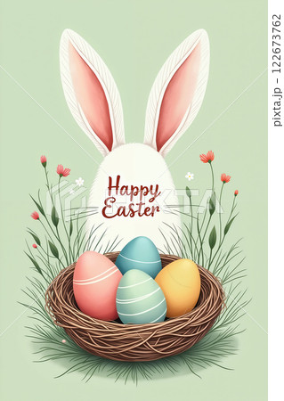 Easter scene with bunny ears and eggs. 122673762