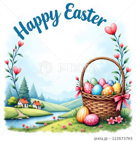 Easter scene with basket of eggs and countryside background. 122673765