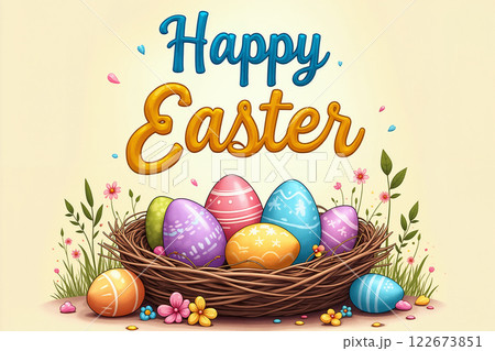 Easter celebration with colorful eggs and flowers. 122673851