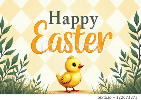 Happy easter chick among greenery. 122673873