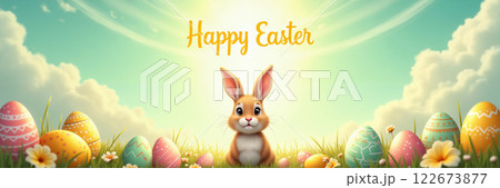 Easter bunny surrounded by colorful eggs and flowers. Easter bunny surrounded by colorful eggs and flowers. 122673877
