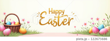 Easter scene with eggs and flowers. 122673886
