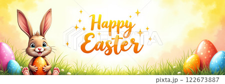 Brightly colored easter eggs in a field. 122673887