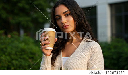 コーヒー片手を持つ女性のポートレート コーヒー片手を持つ女性のポートレート 122673922