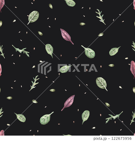 Seamless pattern with salad leaves on a black background. Watercolor illustration on the theme of breakfast for the design of cafes and restaurant menus, interior decoration and wrapping paper. 122673956