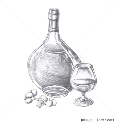 Bottle of cognac, glass and grapes in pencil. Isolated illustration on the theme of alcoholic drinks for menu design, cookbook, gastronomic magazines and festivals. Bottle of cognac, glass and grapes in pencil. Isolated illustration on the theme of alcoholic drinks for menu design, cookbook, gastronomic magazines and festivals. 122673964