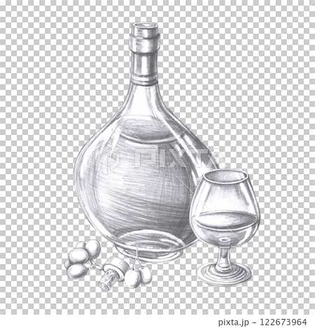 Bottle of cognac, glass and grapes in pencil. Isolated illustration on the theme of alcoholic drinks for menu design, cookbook, gastronomic magazines and festivals. Bottle of cognac, glass and grapes in pencil. Isolated illustration on the theme of alcoholic drinks for menu design, cookbook, gastronomic magazines and festivals. 122673964
