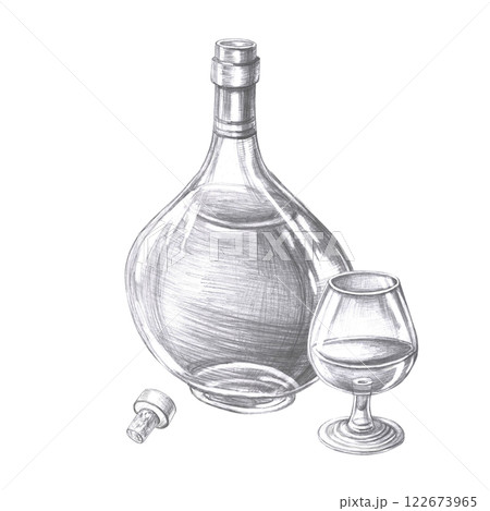 Bottle of cognac, glass and grapes in pencil. Isolated illustration on the theme of alcoholic drinks for menu design, cookbook, gastronomic magazines and festivals. 122673965