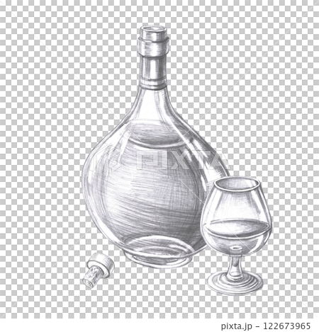 Bottle of cognac, glass and grapes in pencil. Isolated illustration on the theme of alcoholic drinks for menu design, cookbook, gastronomic magazines and festivals. 122673965