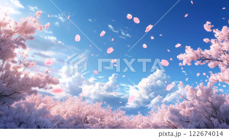 青空を背景に桜の花びらが舞い散る日本の春の風景イラスト 青空を背景に桜の花びらが舞い散る日本の春の風景イラスト 122674014