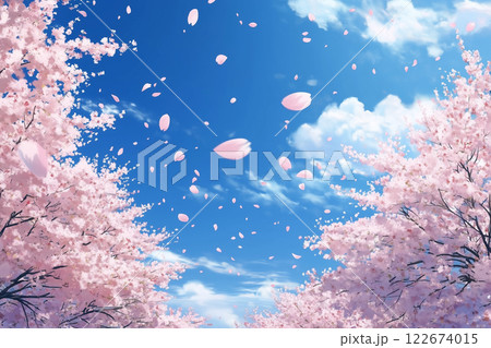 青空を背景に桜吹雪の日本の春の風景 122674015