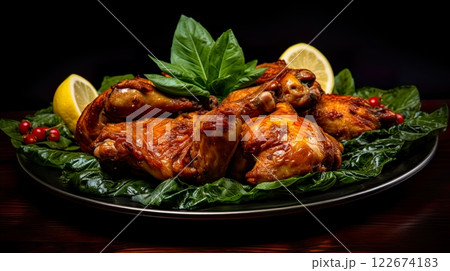 Roasted chicken on a black plate with lemon and spices on a wooden table . Generate Ai 122674183
