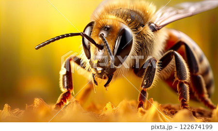 Macro image of a bee on yellow background. Shallow depth of field. Generate Ai 122674199