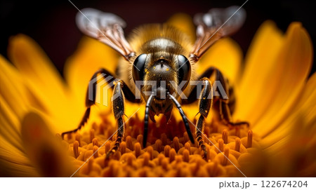 Macro image of a bee on yellow background. Shallow depth of field. Generate Ai 122674204