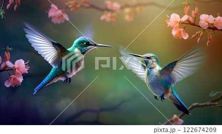 Photo focus colorful honeybirds flying over the flower. Generate AI Photo focus colorful honeybirds flying over the flower. Generate AI 122674209
