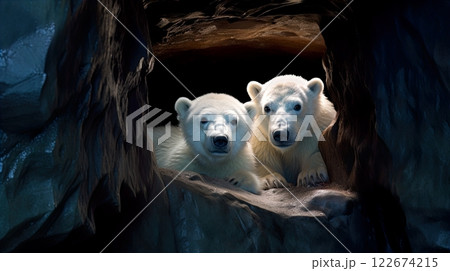 Two giant panda bear walking in the bamboo forest at sunset. Generate Ai 122674215