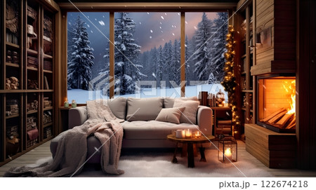 Interior of cozy living room with fireplace and bookcase in the mountains. Generate Ai Interior of cozy living room with fireplace and bookcase in the mountains. Generate Ai 122674218