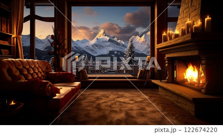Interior of cozy living room with fireplace and bookcase in the mountains. Generate Ai 122674220