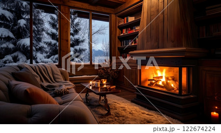 Interior of cozy living room with fireplace and bookcase in the mountains. Generate Ai 122674224