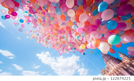 Photo focusthousands of colorfull balon in the sky . generate Ai 122674225